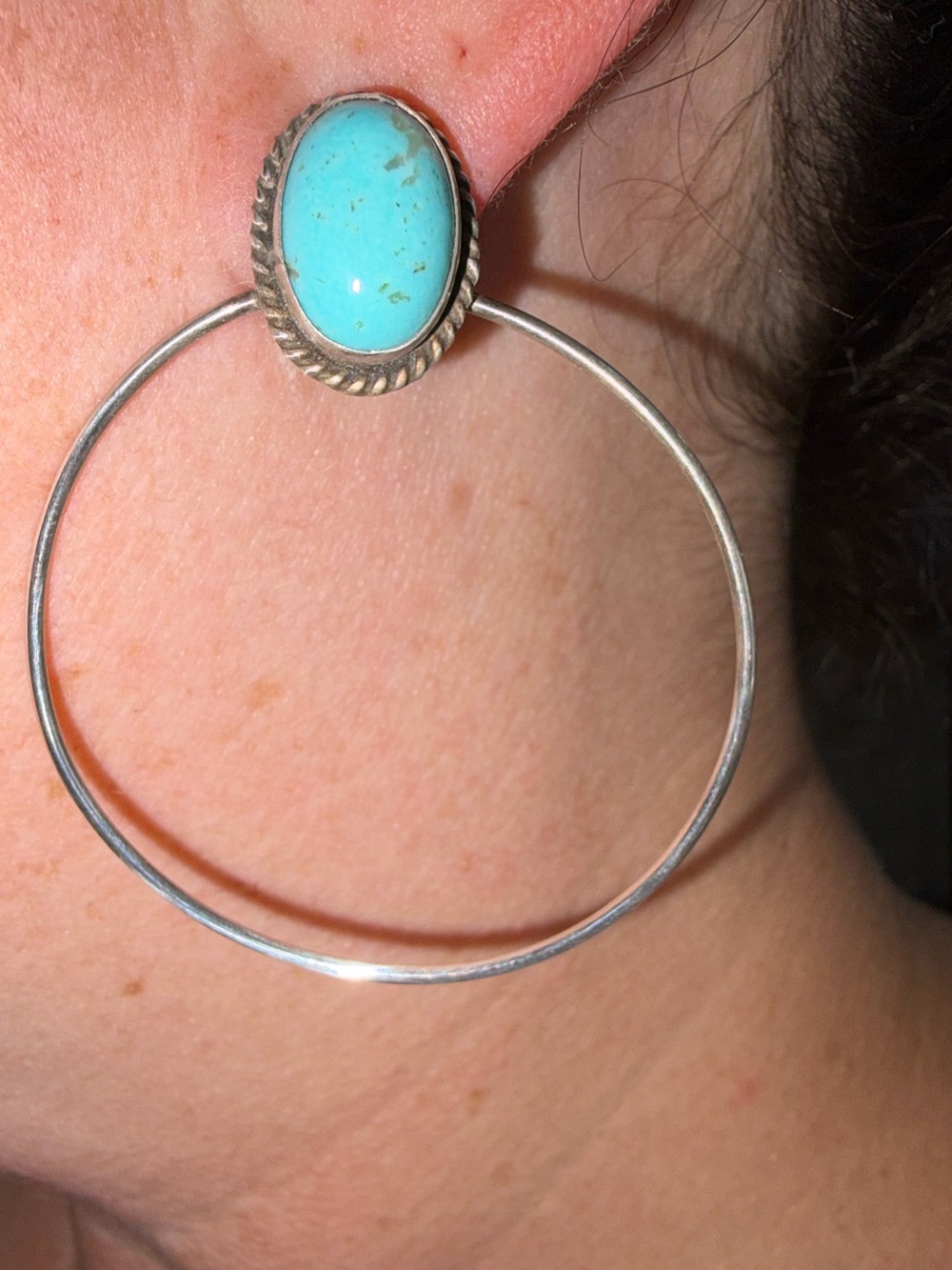 Native American, Genuine turquoise and sterling silver stamped hoops